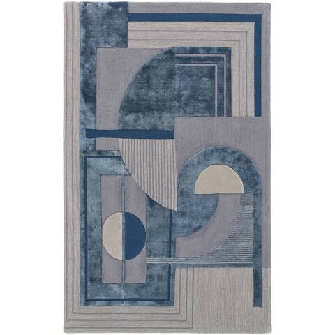 Cutlor Tufted Art Deco Wool Rug, Aegean Blue/Gray/Ivory, Area Rug