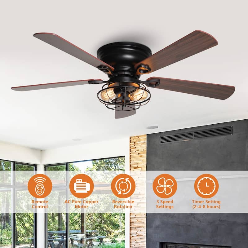 48" Industrial Metal Cage Low Profile Ceiling Fan with Remote