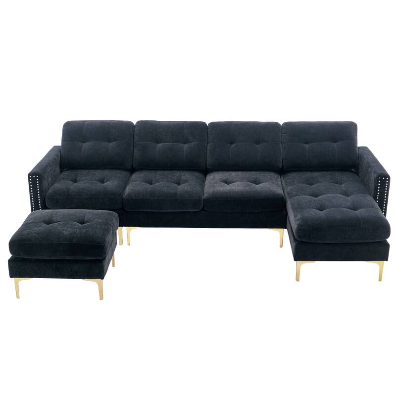 Convertible L-Shaped Velvet Sectional Sofa with Movable Ottoman and Gold Metal Legs for Living Room