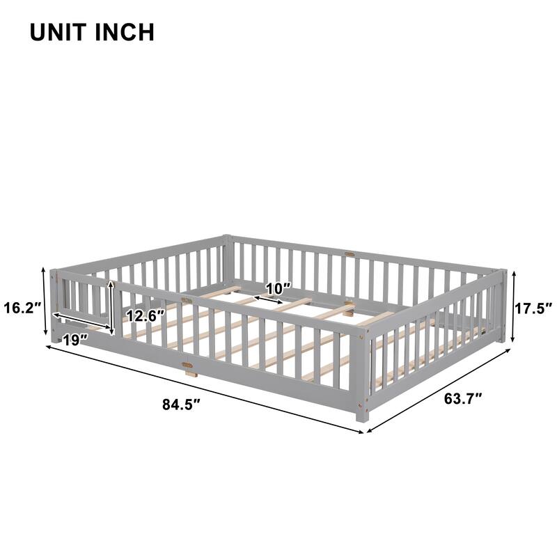 Queen size Floor Platform Bed with Fence Guardrails and Door