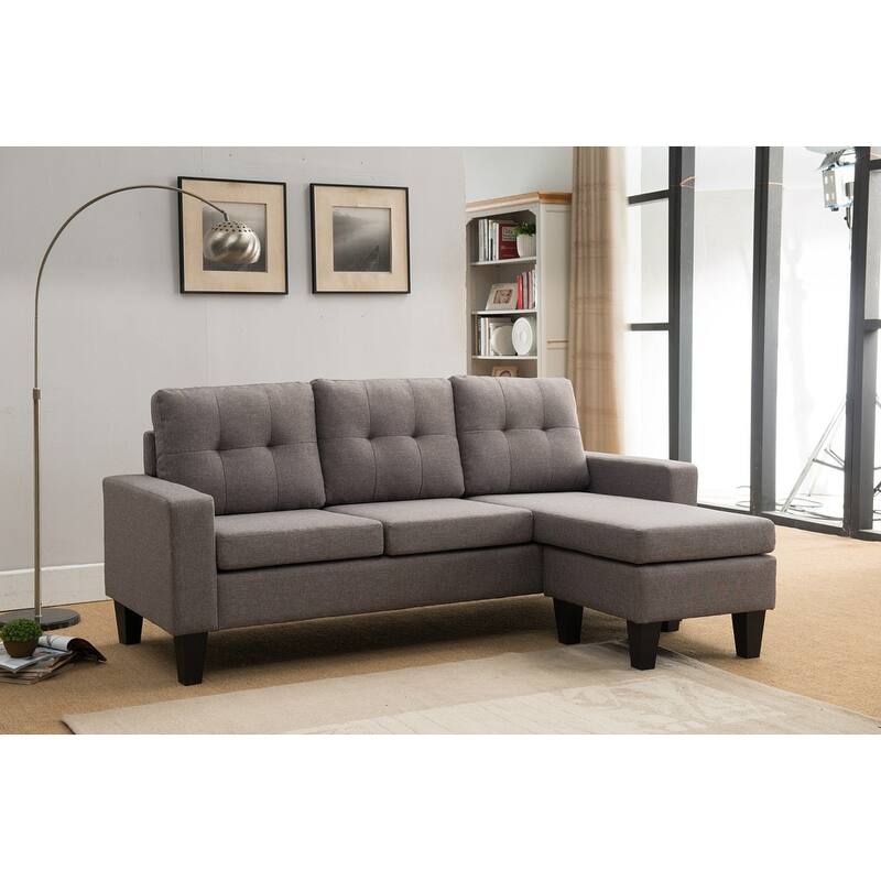 Fabric Upholstered Tufted Reversible L-Shape Sectional Sofa w/ Ottoman - Grey