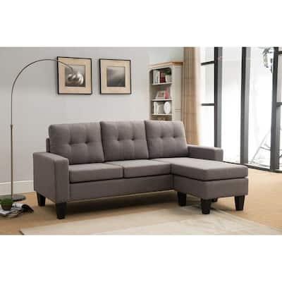 Fabric Upholstered Tufted Reversible L-Shape Sectional Sofa w/ Ottoman