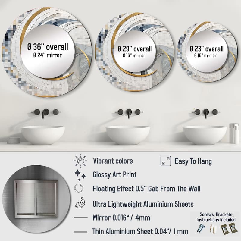Designart "Grey and Yellow Mosaic II" Abstract Shapes Large Round Mirror - Modern Grey Round Printed Mirror