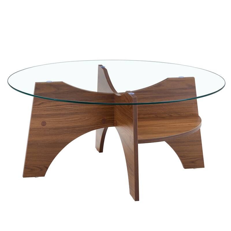 GDFStudio Marcellus Tempered Glass Coffee Table with Wood Legs and Fan-Shaped Pedestal Design