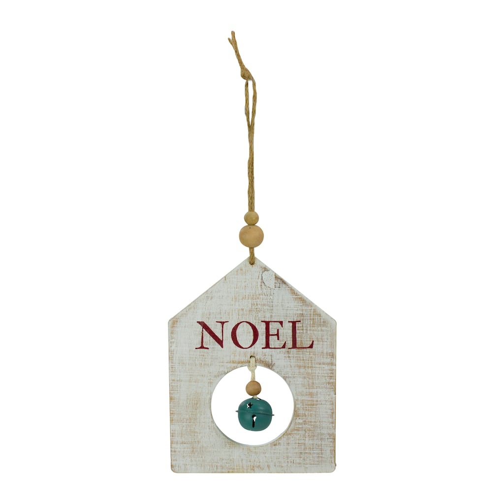 Rustic Wooden "NOEL" with Bell Christmas Tag Ornament - 8" - Green and White