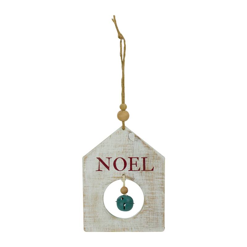 Rustic Wooden "NOEL" with Bell Christmas Tag Ornament - 8" - Green and White