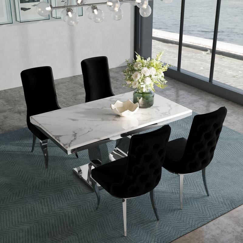 Glam Silver Dining Table Set with 64 inch Dining Table and Black Button Tufted Velvet Dining Chairs