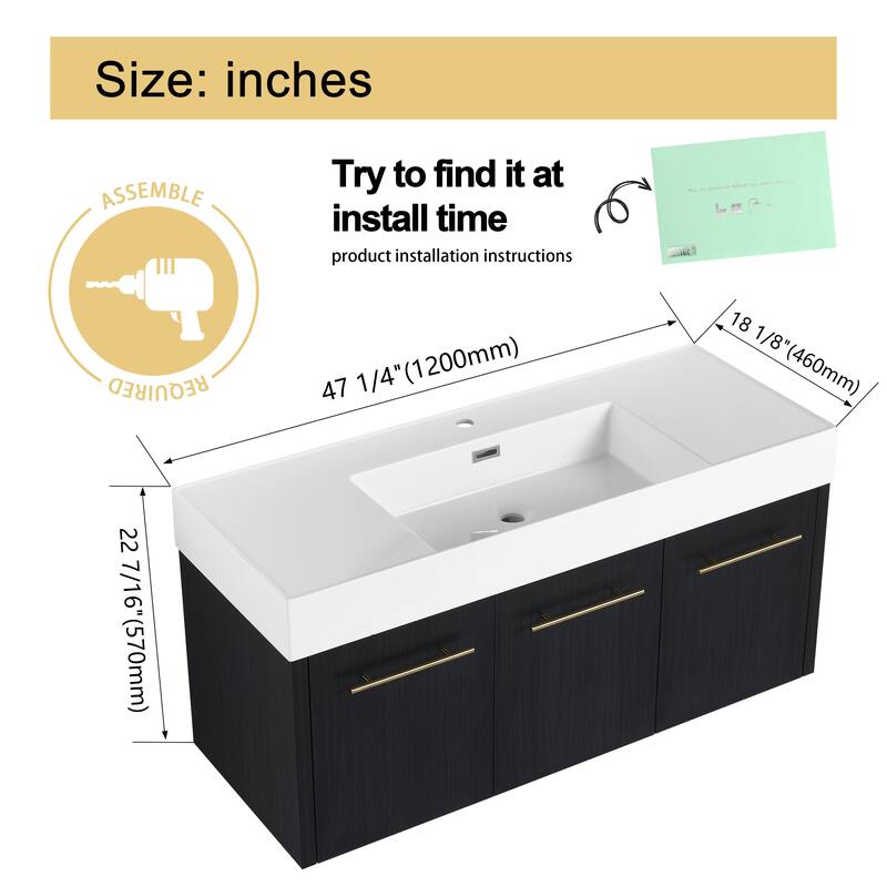 Malwee 24"/30"/36"/48" Floating Bathroom Vanity with Sink, Wall Mounted Bathroom Vanity with Soft Close Doors