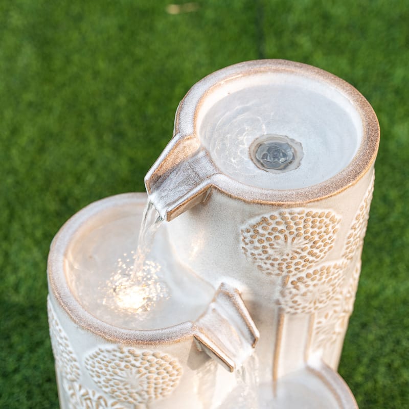 XBrand 25 in H Freestanding Cascadian Outdoor Garden Fountain w/Flower Details & Warm LED Lights, Ceramic, Beige