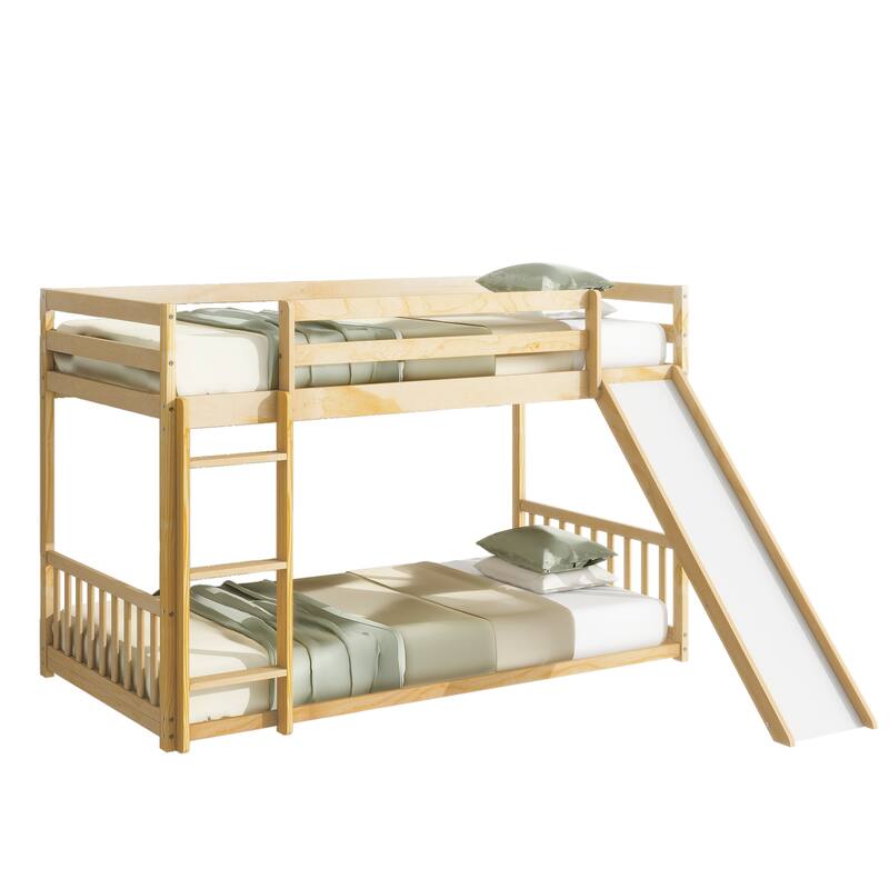 Twin Over Twin Low Pine Wood Bunk Bed with Guardrails, Slide and Ladder for Kids, No Slats Toddler Floor Bed with Fence and Door