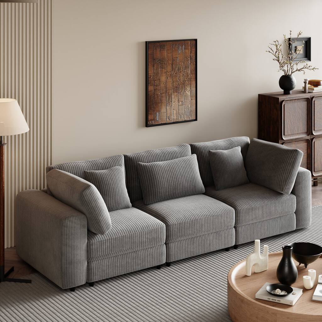 105" Corduroy Upholstered 3-seater Sofa with Removable Back Cushions and 5 Pillows for Living Room