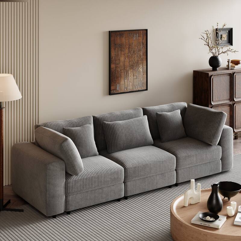 Corduroy Upholstered 3-seater Sofa with Removable Cushions - Gray