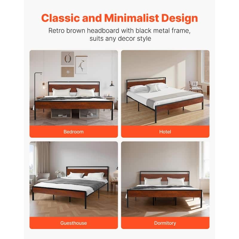 King Size Platform Bed Frame with Steel Frame and Vintage Brown Headboard Under Bed Storage