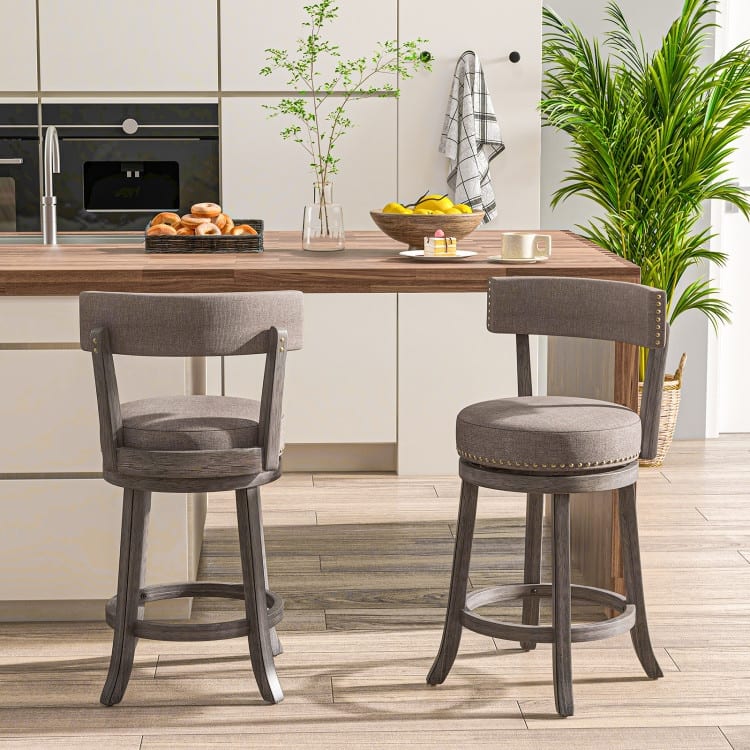 2 Grey Swivel Bar Chairs with Padded Linen Upholstery and Footrest Sturdy Rubber Wood Frame - Counter Height
