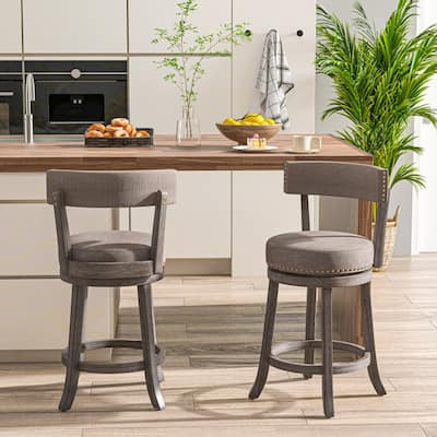 2 Grey Swivel Bar Chairs with Padded Linen Upholstery and Footrest Sturdy Rubber Wood Frame