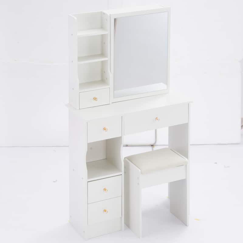 29.2" Compact Left-Drawer Vanity Set with Cushioned Stool and Sliding Mirror