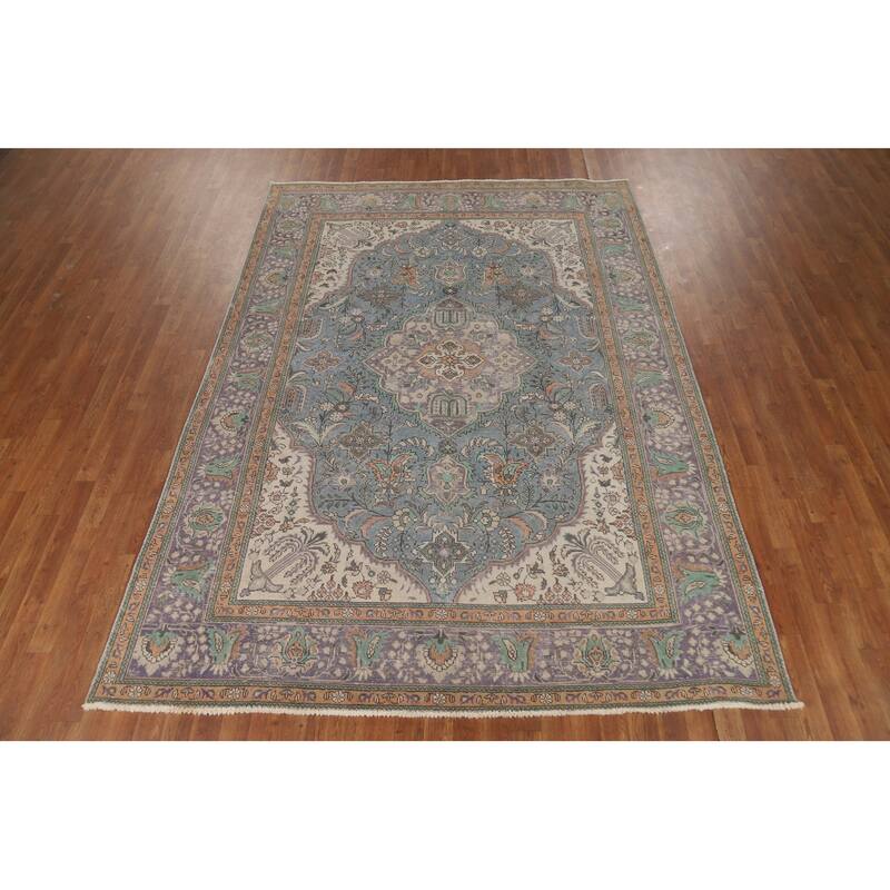 Blue Tabriz Persian Area Rug Hand-Knotted Bedroom Wool Carpet - 6'9"x 9'5"
