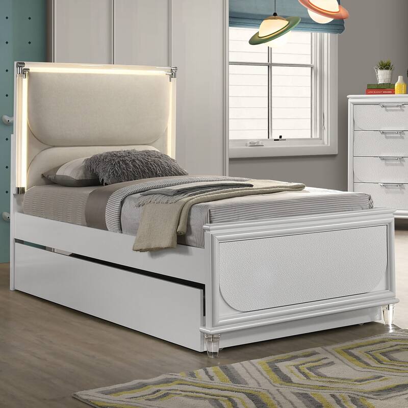 Furniture of America Drima Modern Pearl White Solid Wood Kids Platform Bed with LED Headboard - Full