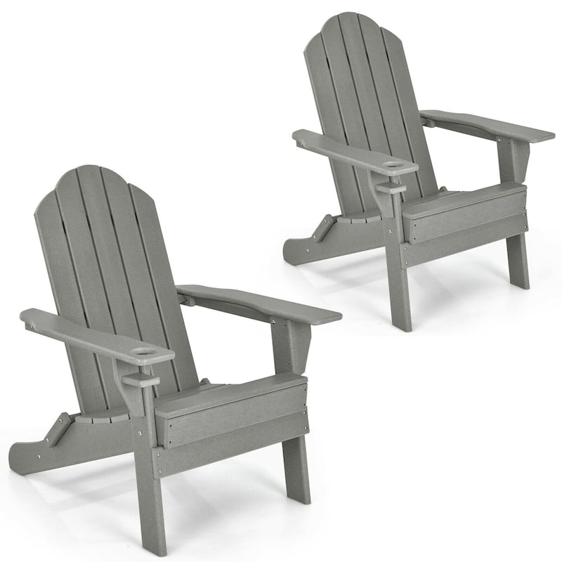 Gymax 2PCS Patio Folding Adirondack Chair Weather Resistant Cup Holder - Grey