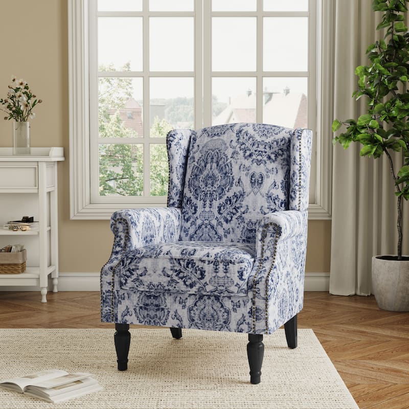 Traditional Floral Patterned Wingback Armchair with Nailhead Trim - Navy