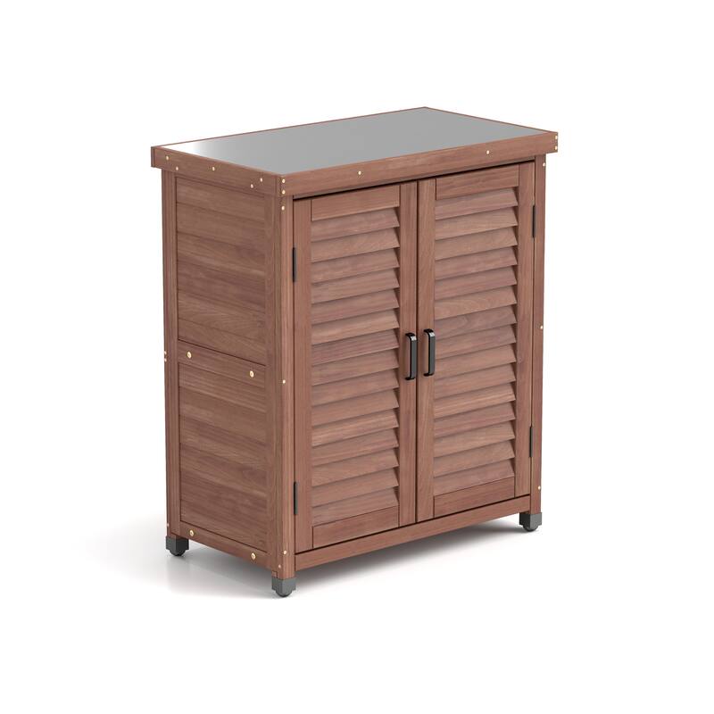 Outdoor Garden Potting Bench Table, Garden Wood Workstation with Storage Cabinet, Patio Storage Cabinet with Metal Table Top