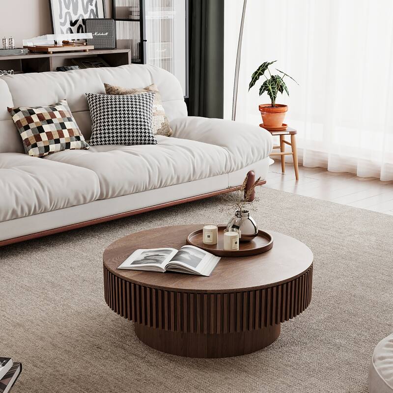 Modern Solid Wood Veneered Round Coffee Tea Table with Storage