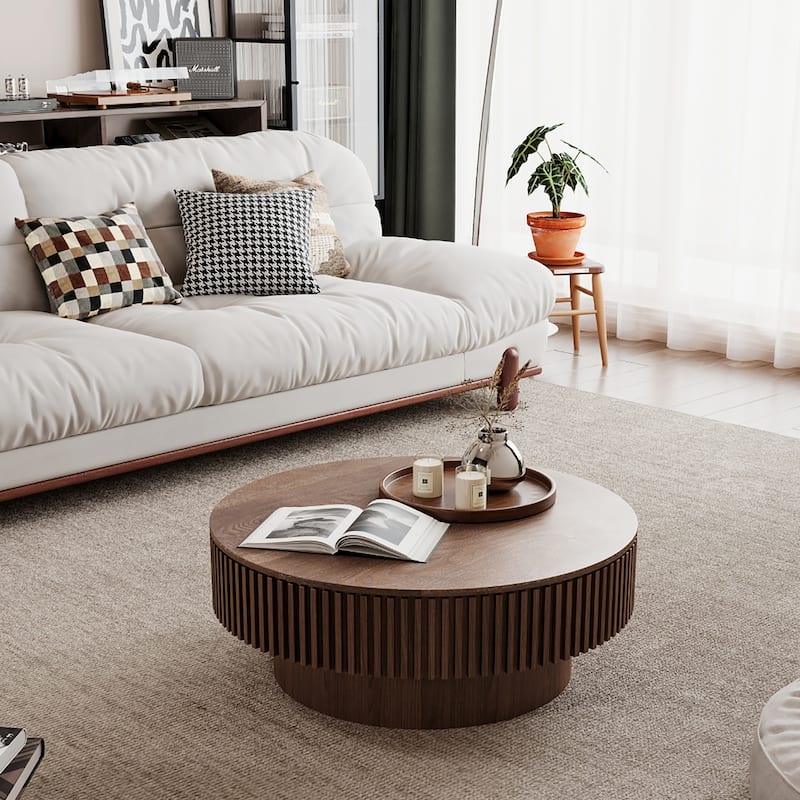 Modern Solid Wood Veneered Round/Oval Coffee Tea Table with Storage