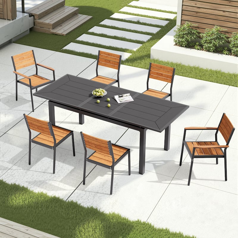 7PC Pellebant Outdoor Patio Aluminum Expandable Dining Set Table WPC Top with Stackable Chairs - N/A - Black-Table&Brown-Chairs
