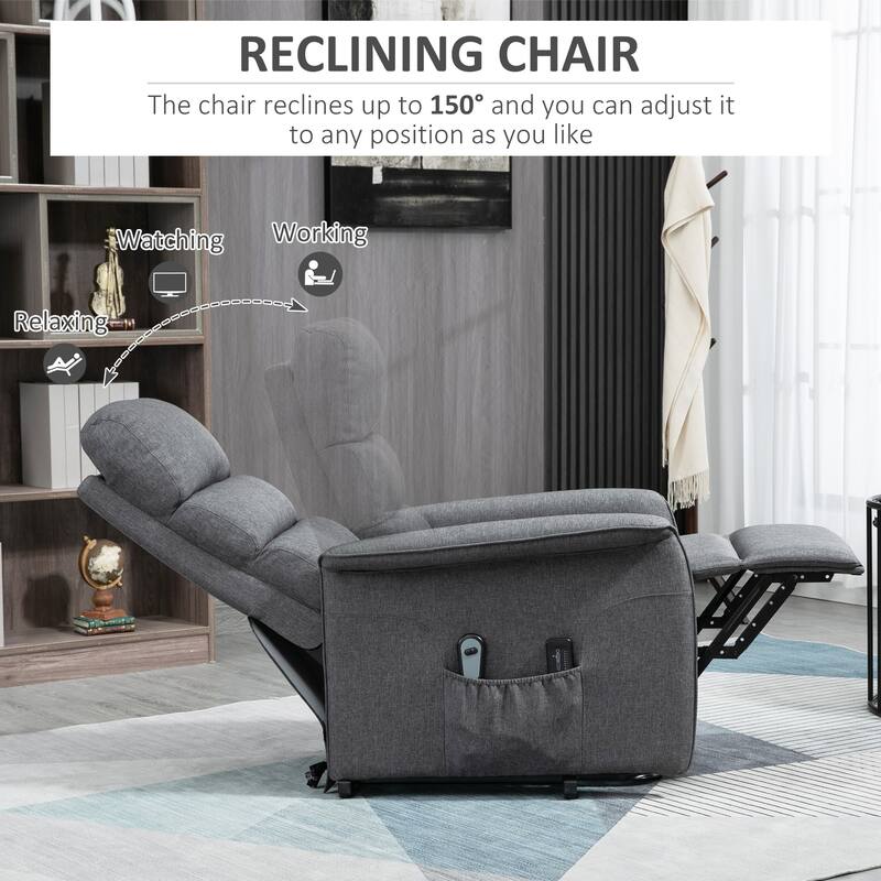 Grey Power Lift Recliner designed for Seniors with Vibration Massage, Remote Control, Side Pockets, and Plush Fabric Upholstery