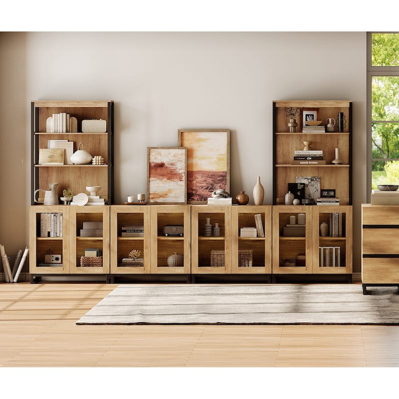 Modern 72" Tall Bookcases with Glass Doors and Adjustable Shelves, Wood Bookshelves for Home Office, Living room. - Oak - 126 inches