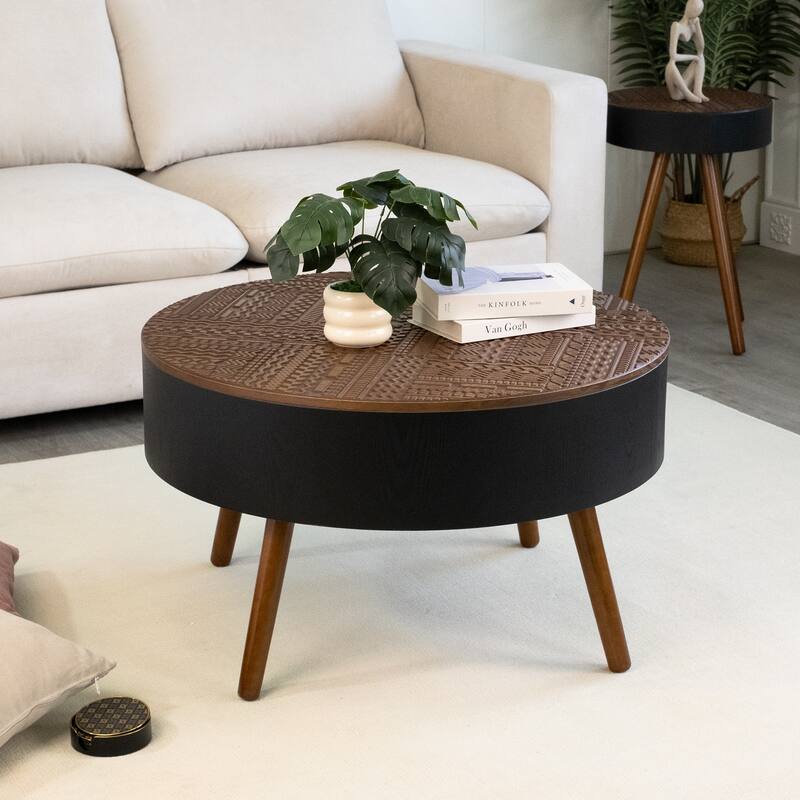GDFStudio Veyrion Carved Round Coffee Table with Storage and Mid-Century Modern Design