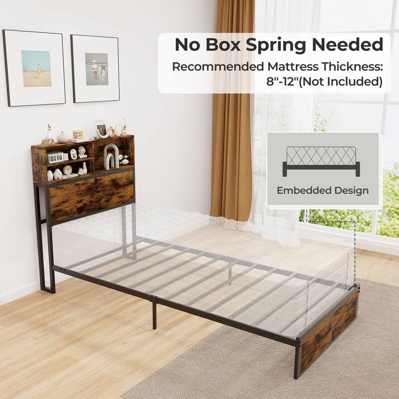 Metal Platform Bed Frame with Headboard Storage and USB Charging Ports