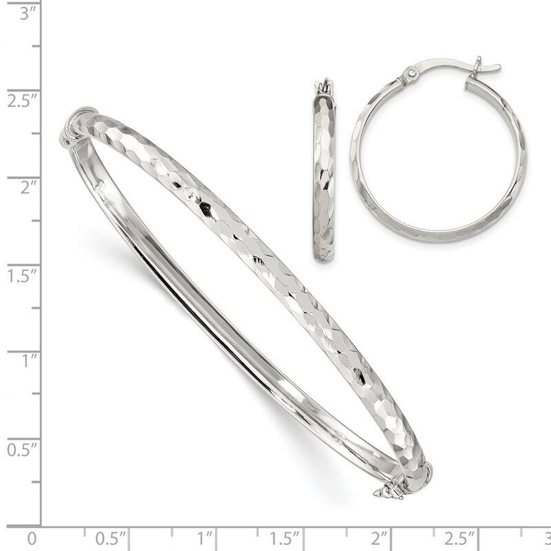 Curata 925 Sterling Silver 4mm Diamond-cut Bangle Bracelet and 3mm Hoop Earrings Set