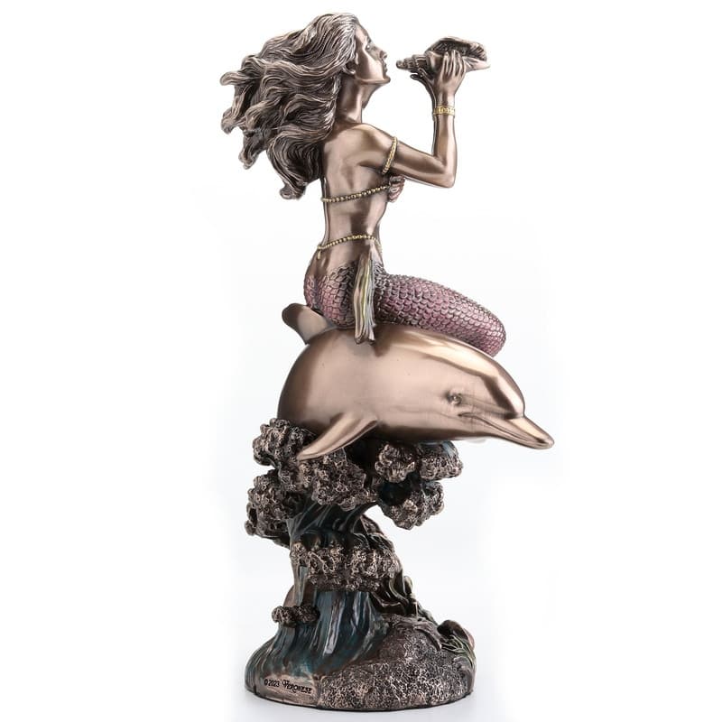 8.27 inches Height Cold Cast Bronze Mermaids Call on the Back of A Dolphin Bronze Finish Figurine