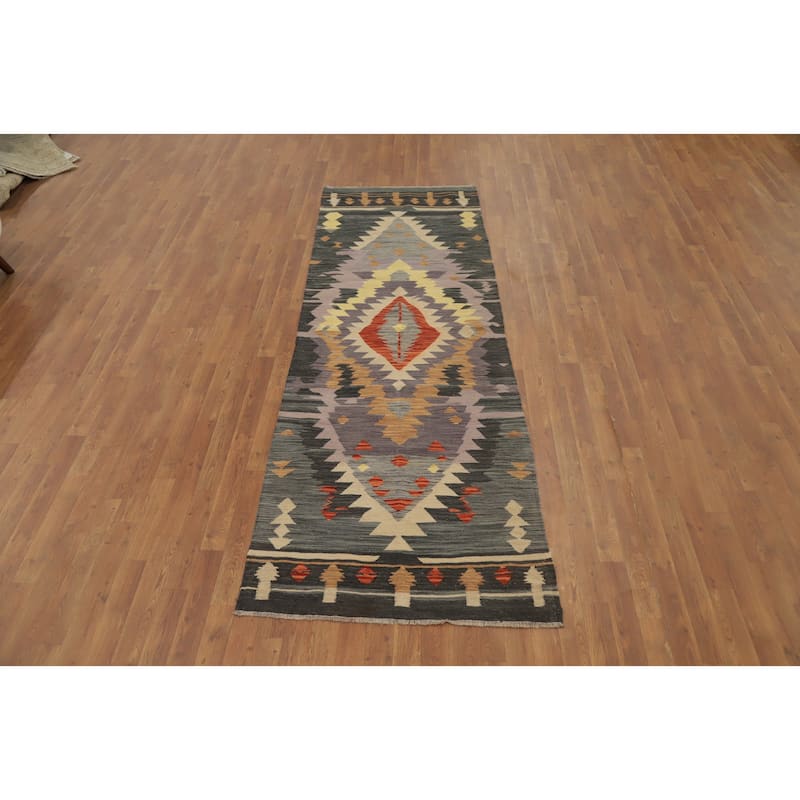 Hand Woven Oriental 100% Wool Carpet Southwestern Tribal Purples Kilim Runner Rug - 9' 4'' X 3' 1''