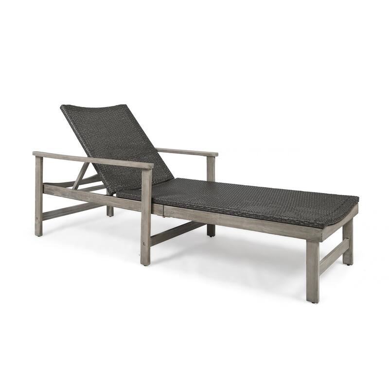 Outdoor Solid Wood Frame Wicker Seat Recliner with Armrests - Gray
