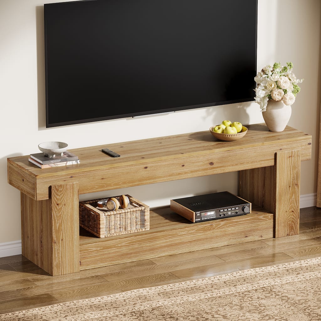 63 Inch Solid Wood TV Stand for TVs Up to 75 inches, Farmhouse Entertainment Center with Storage for Living Room / Bedroom