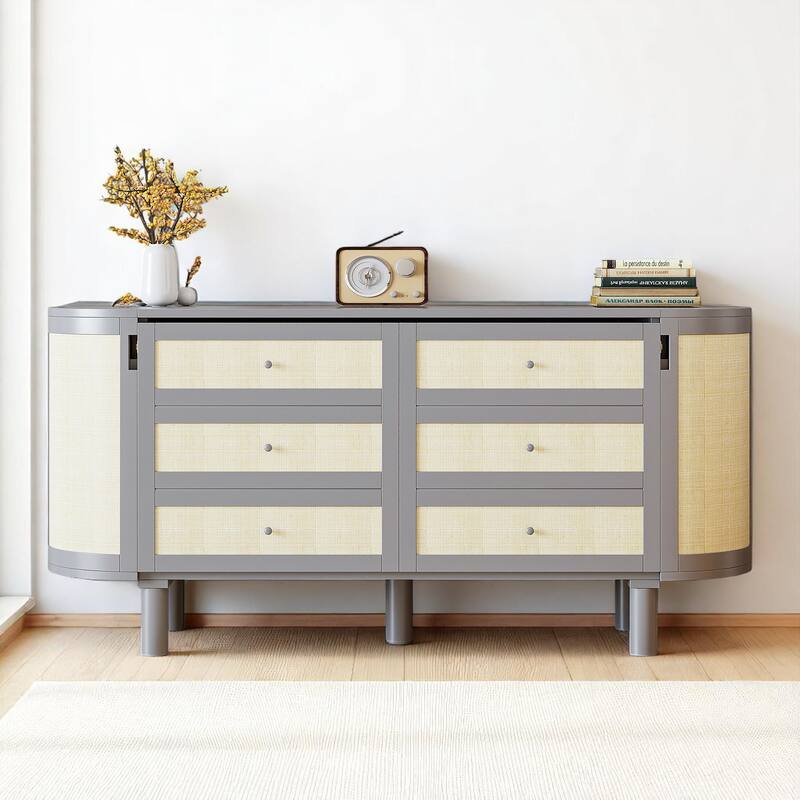 Full/Queen Murphy Bed with Hidden Storage, Rattan Front Drawers and Side Cabinets, Space-Saving Wall Bed