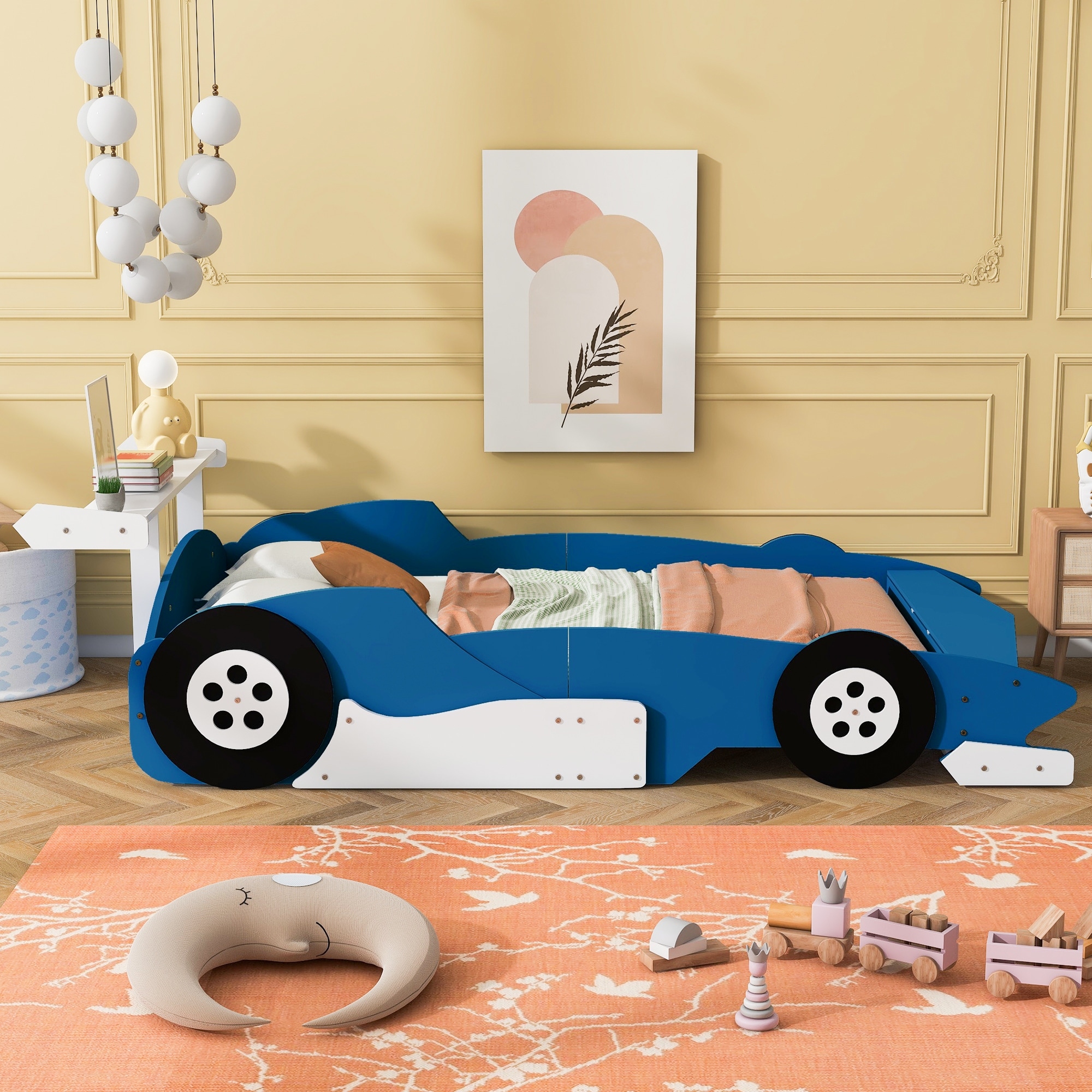 Roomfitters Full Race Car Platform Bed, Decorative Wheels & Front Storage, Children's Bed Frame with Safety Guardrails