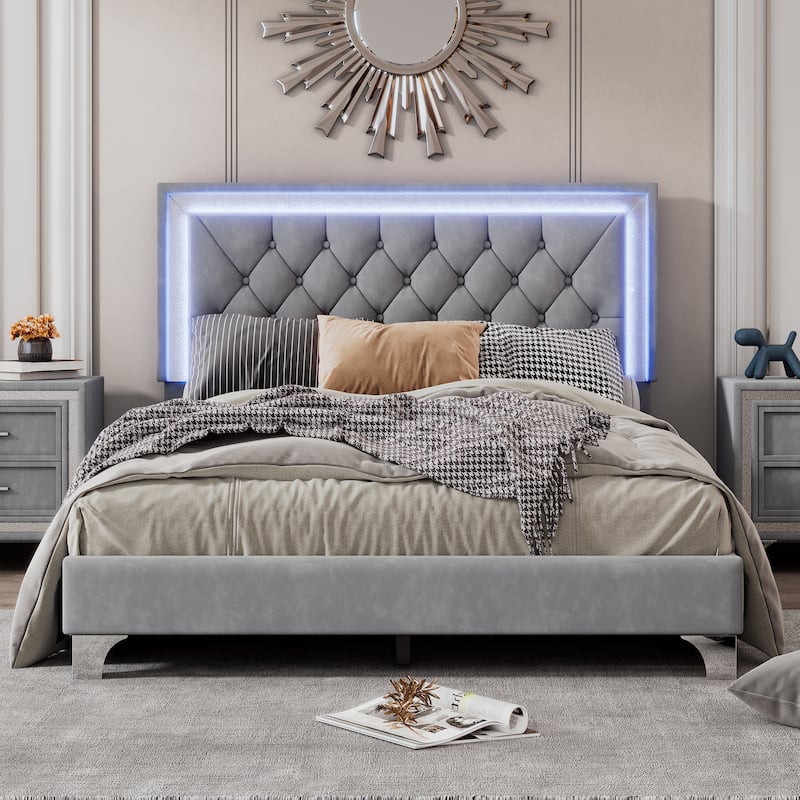Upholstered Bed Frame with LED Lights and Tufted Headboard - Grey