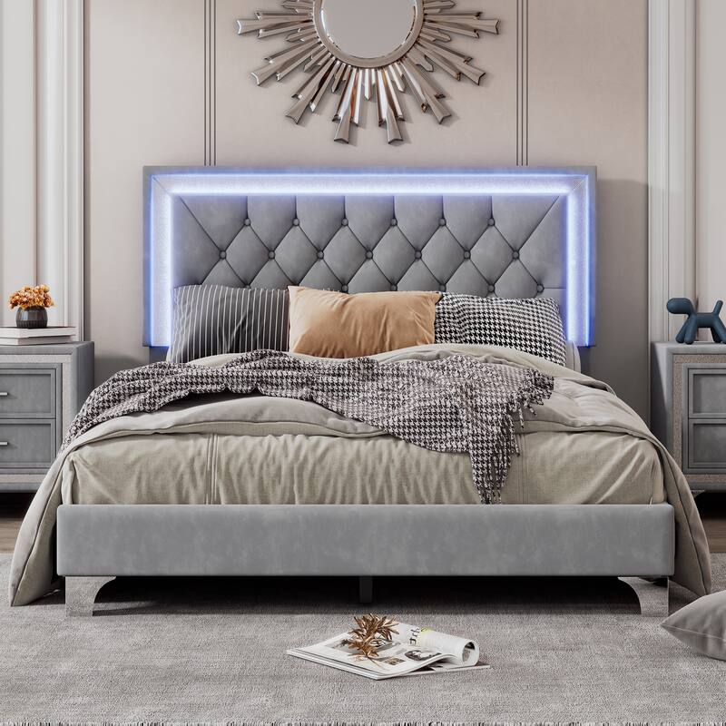 Upholstered Bed Frame with LED Lights - Gray - Full