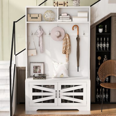 3-in-1 Design Hall Tree with 7 Hooks and Bench