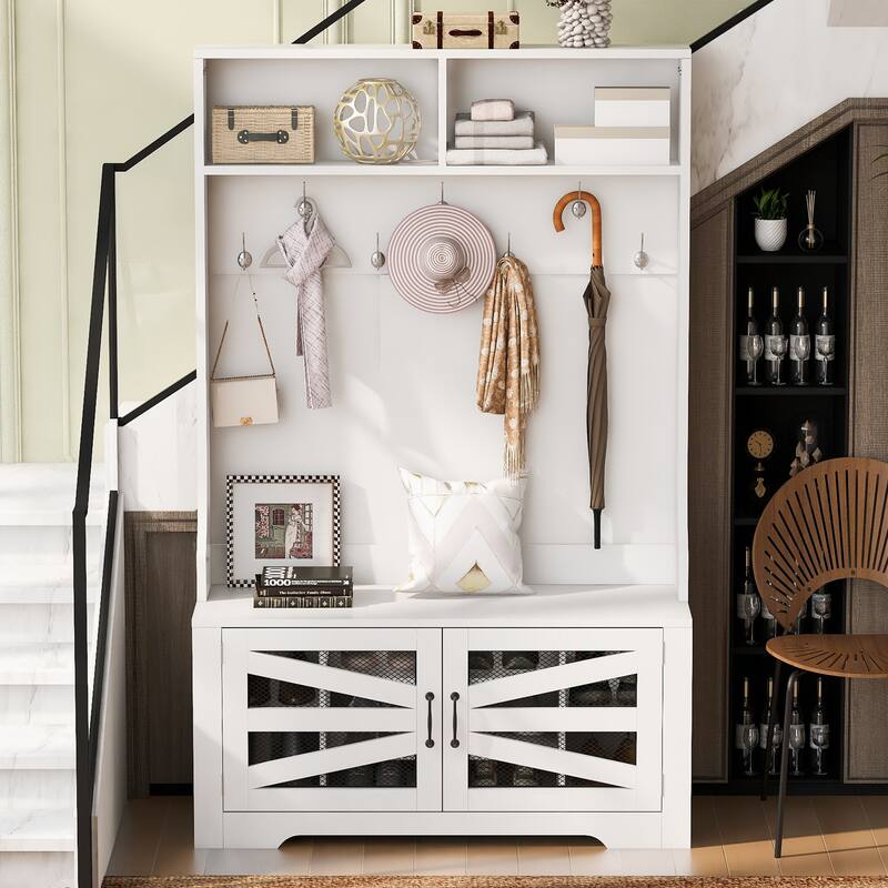 Breathable Hall Tree Cabinet Coat Rack with Adjustable Shelves & Bench Seat, Shoe Storage Cabinet with Wire Mesh Door