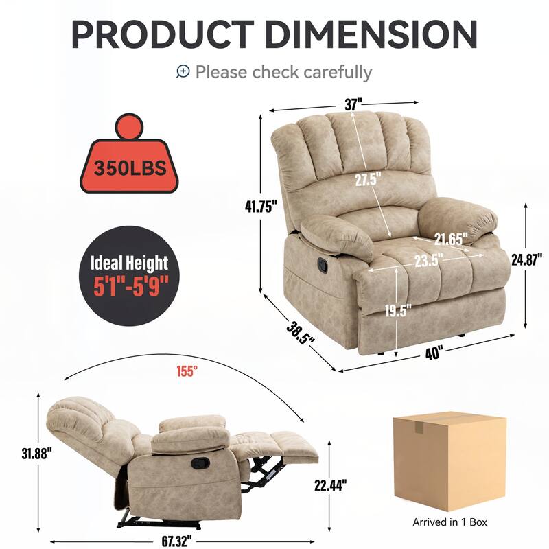 Large Manual Recliner Chair in Fabric for Living Room,Beige