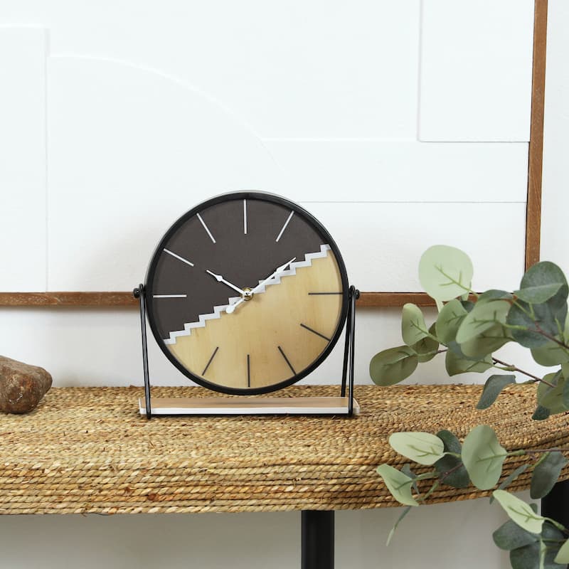 Black Wooden Geometric Decorative Clock with Brown Wood Accents