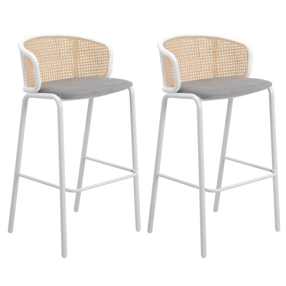 Ervilla Modern Wicker Bar Stool with Soft Fabric Seat and White Powder-Coated Steel Frame, Counter Bar Chair, Set of 2 - 37"
