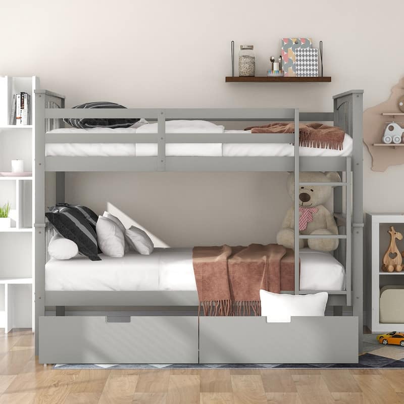 Full over Full Wood Bunk Bed with Drawers and Ladder