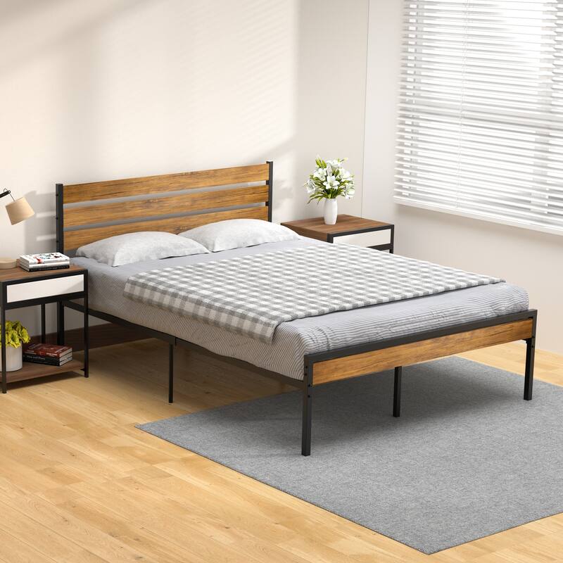Bed Frame With Wood Headboard Supported By Metal Slats - Queen