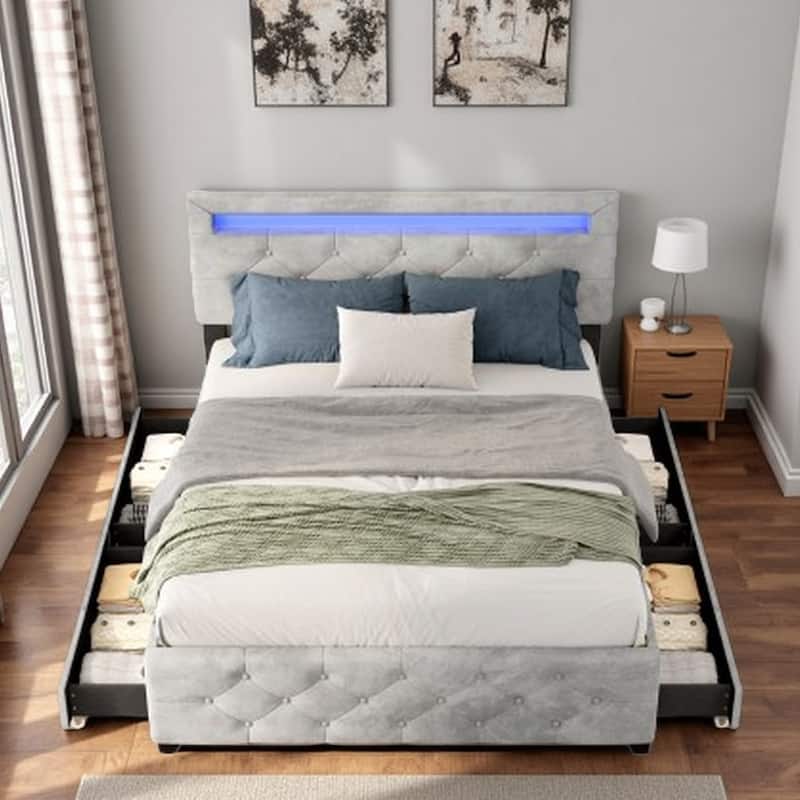 Queen Size Velvet Upholstered Storage Bed Frame with 4 Drawers, LED Light Headboard, Adjustable Height and Sturdy Support - Queen Grey - Queen