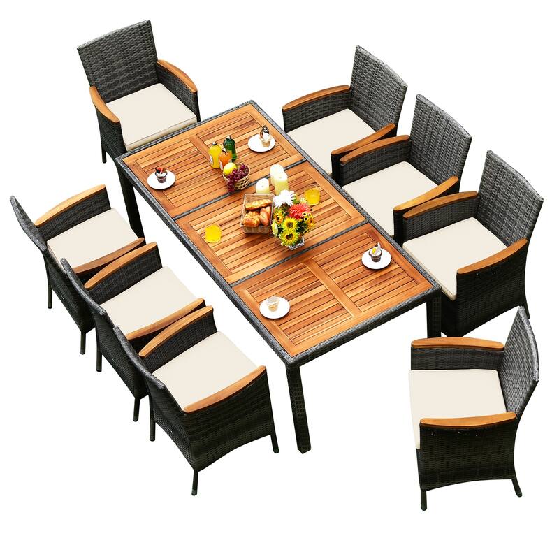 Costway 9PCS Patio Rattan Dining Set Mix Gray Acacia Wood Table